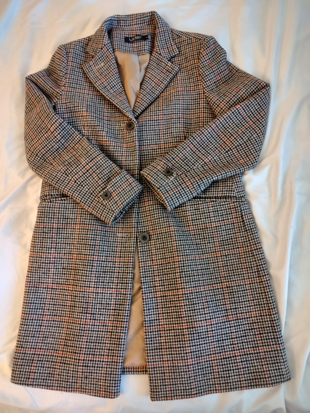 Lauren Ralph Lauren Plaid Wool-Blend Pea Coat in Tan, Black & Red